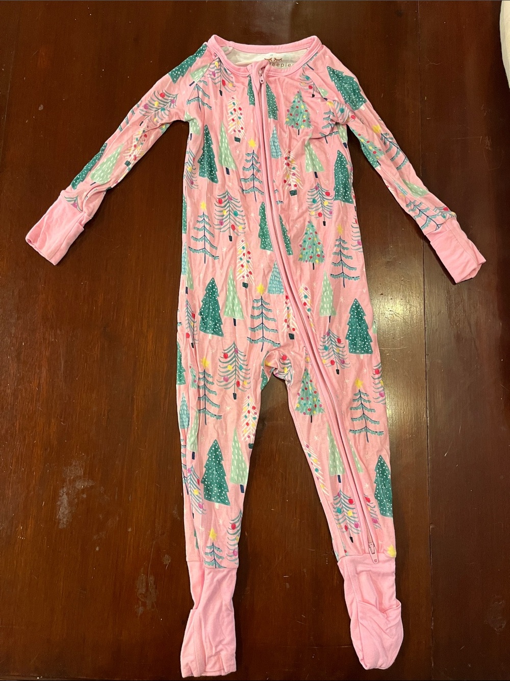 Little Sleepies Pink Christmas Tree Print Footed One-Piece